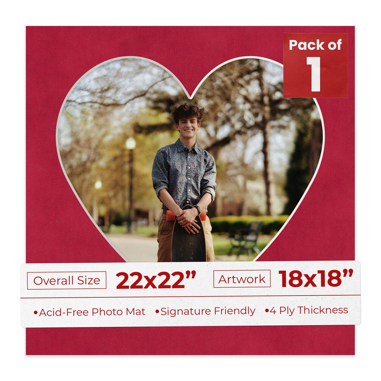 Red Suede Mat Board for 22x22 Frames - Heart Opening for 18x18 Photos